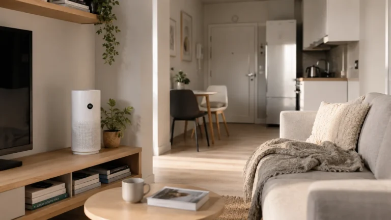 Purificador de aire compacto en un apartamento pequeño y acogedor