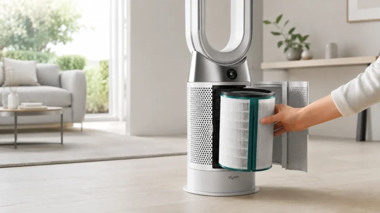 Mano cambiando el filtro de un purificador de aire Dyson