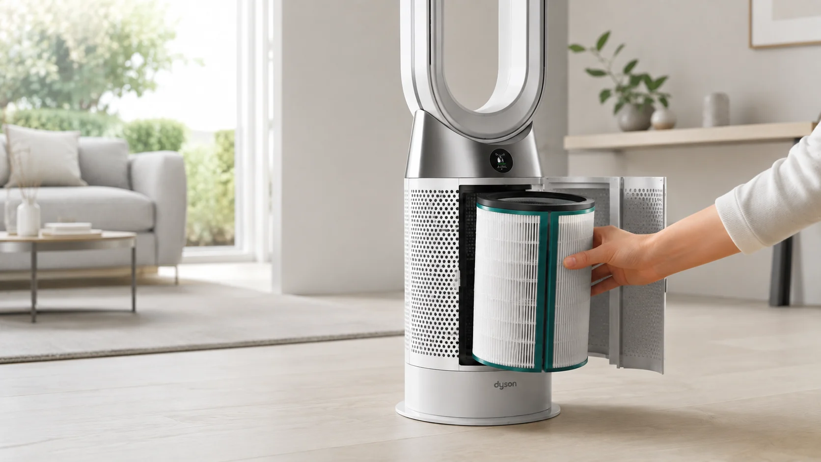 Mano cambiando el filtro de un purificador de aire Dyson