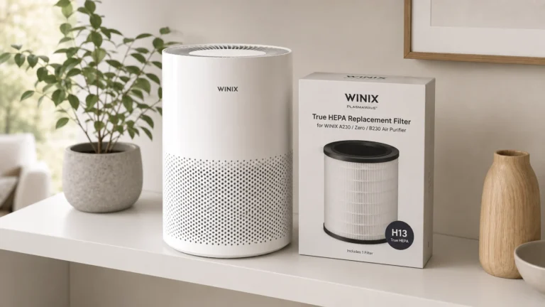 Purificador de aire Winix junto a la caja de su filtro de repuesto
