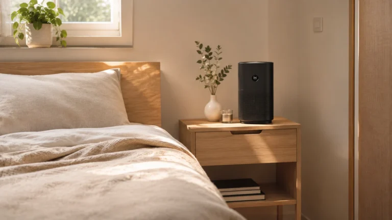 Purificador de aire negro compacto sobre una mesilla en una habitación pequeña luminosa