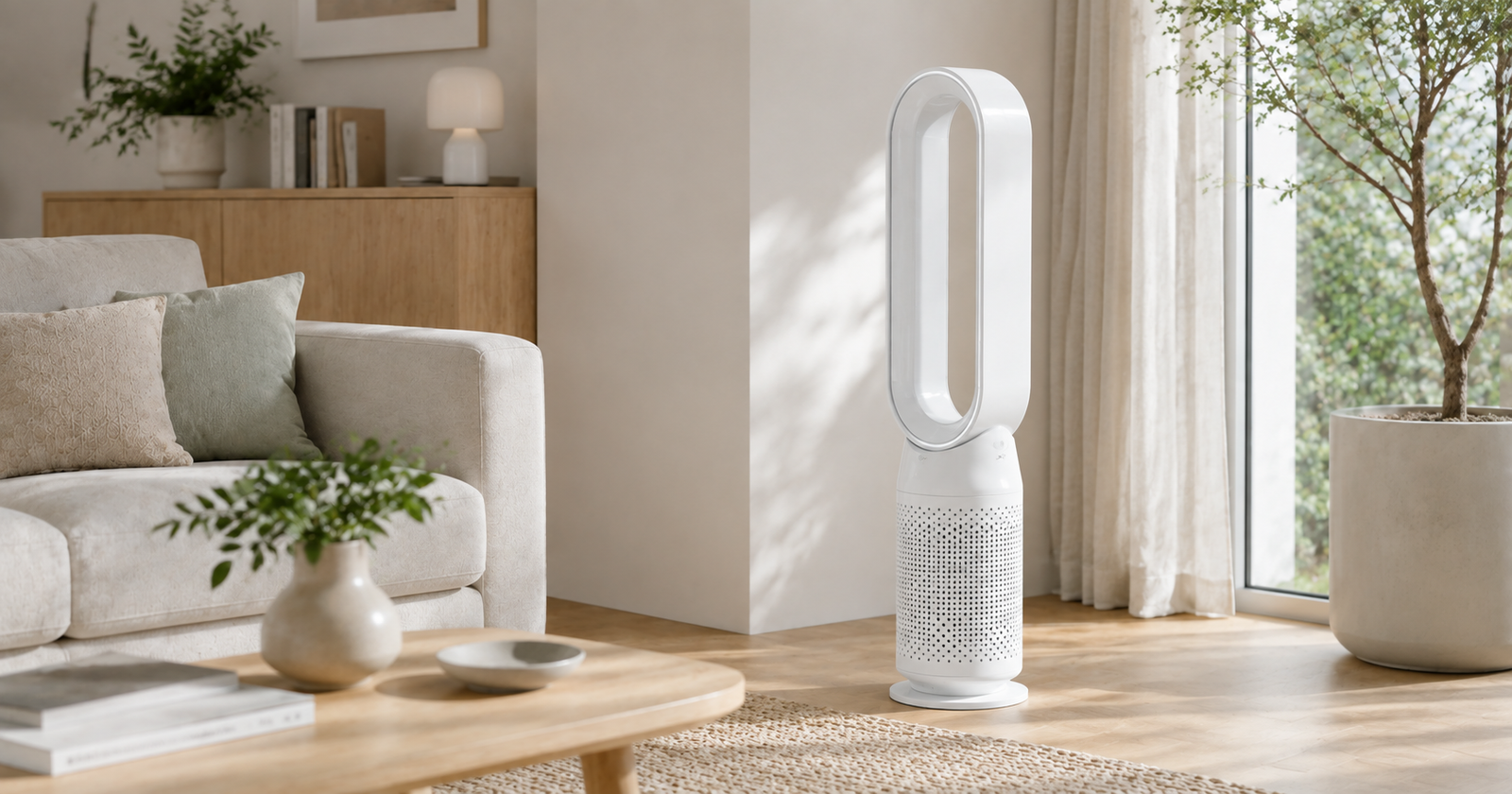 Purificador de aire 2 en 1 con función ventilador en un salón