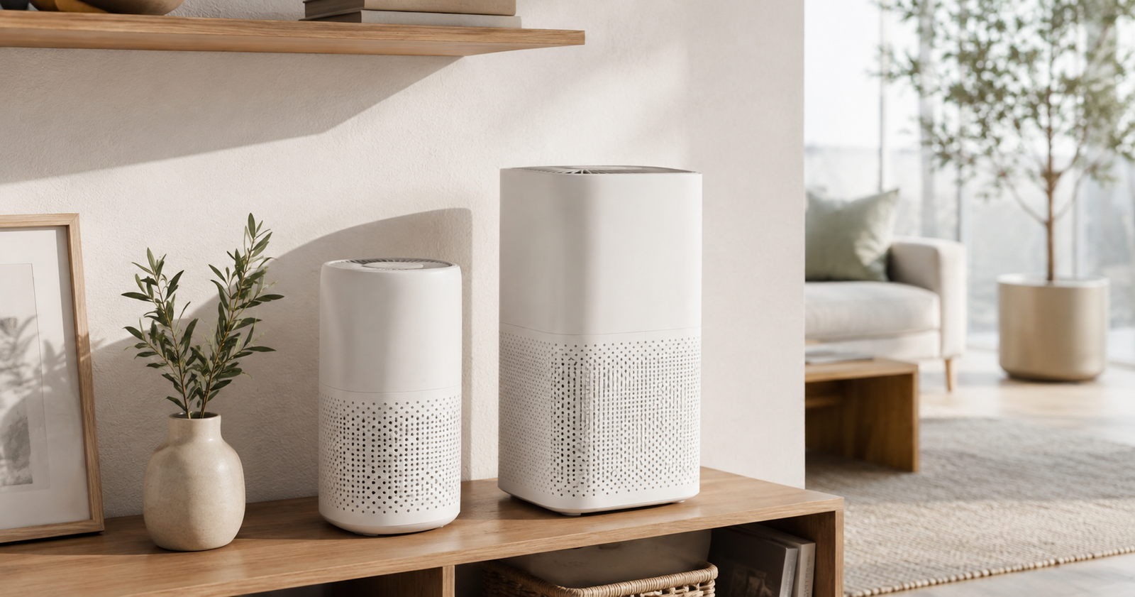 Purificadores de aire Xiaomi y Levoit en un salón moderno