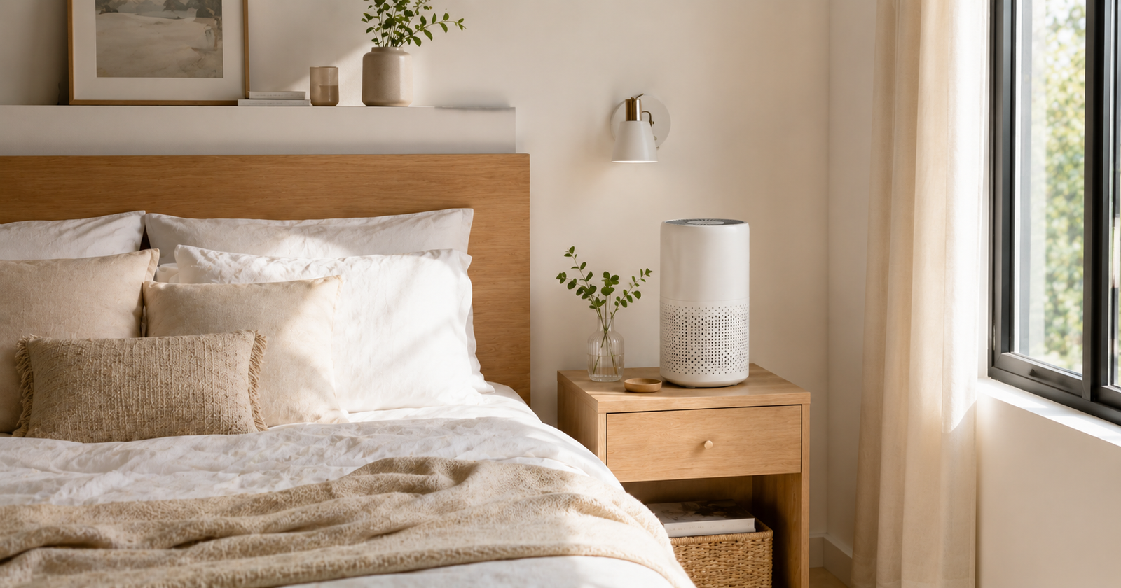 Purificador de aire silencioso en la mesita de un dormitorio