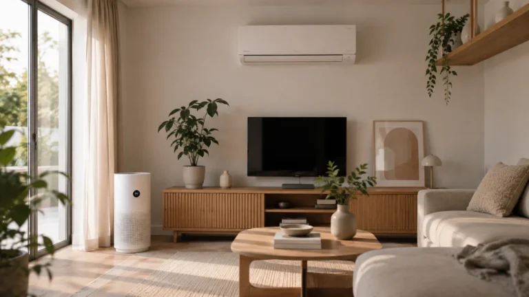 Purificador de aire junto a un aparato de aire acondicionado en un salón luminoso