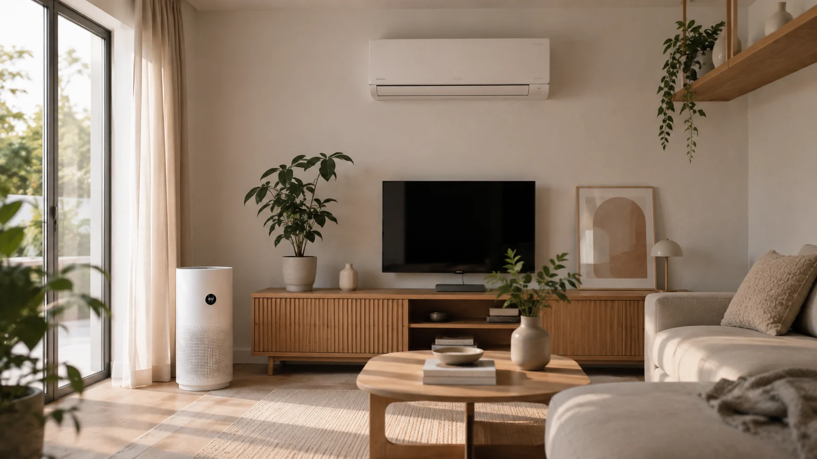 Purificador de aire junto a un aparato de aire acondicionado en un salón luminoso