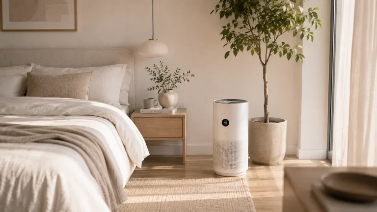 Purificador de aire junto a la cama en un dormitorio luminoso
