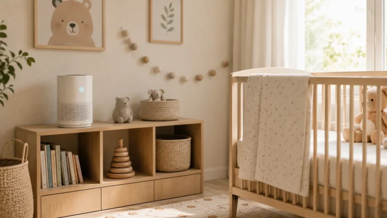 Purificador de aire compacto junto a una cuna en una habitación infantil