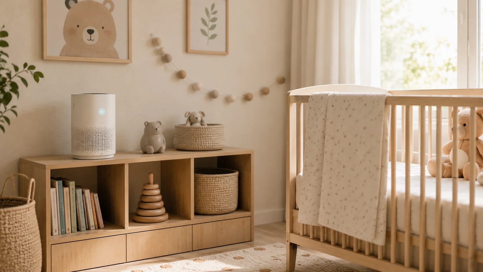 Purificador de aire compacto junto a una cuna en una habitación infantil