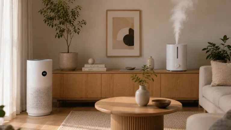 Purificador de aire y humidificador uno junto al otro en un salón