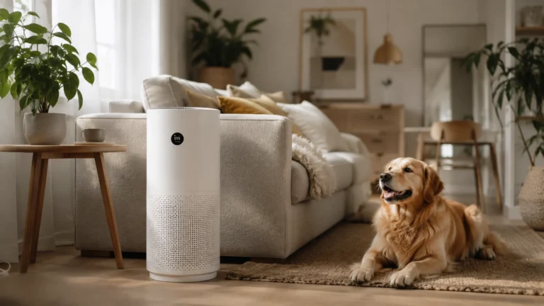 Purificador de aire junto a un perro en un salón acogedor