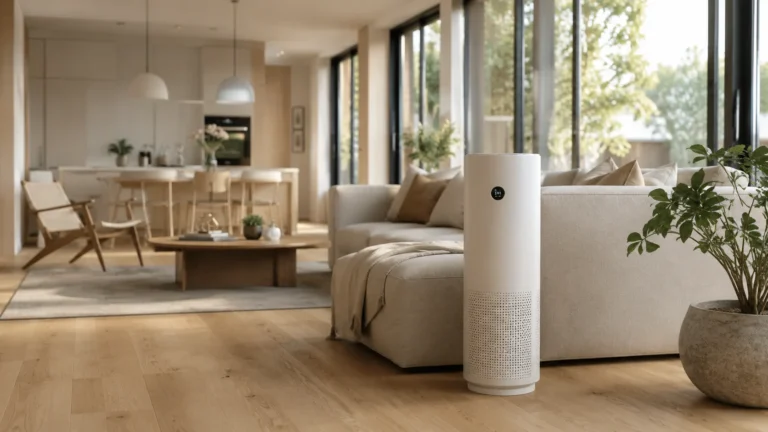 Purificador de aire en un salón grande y luminoso de estilo nórdico